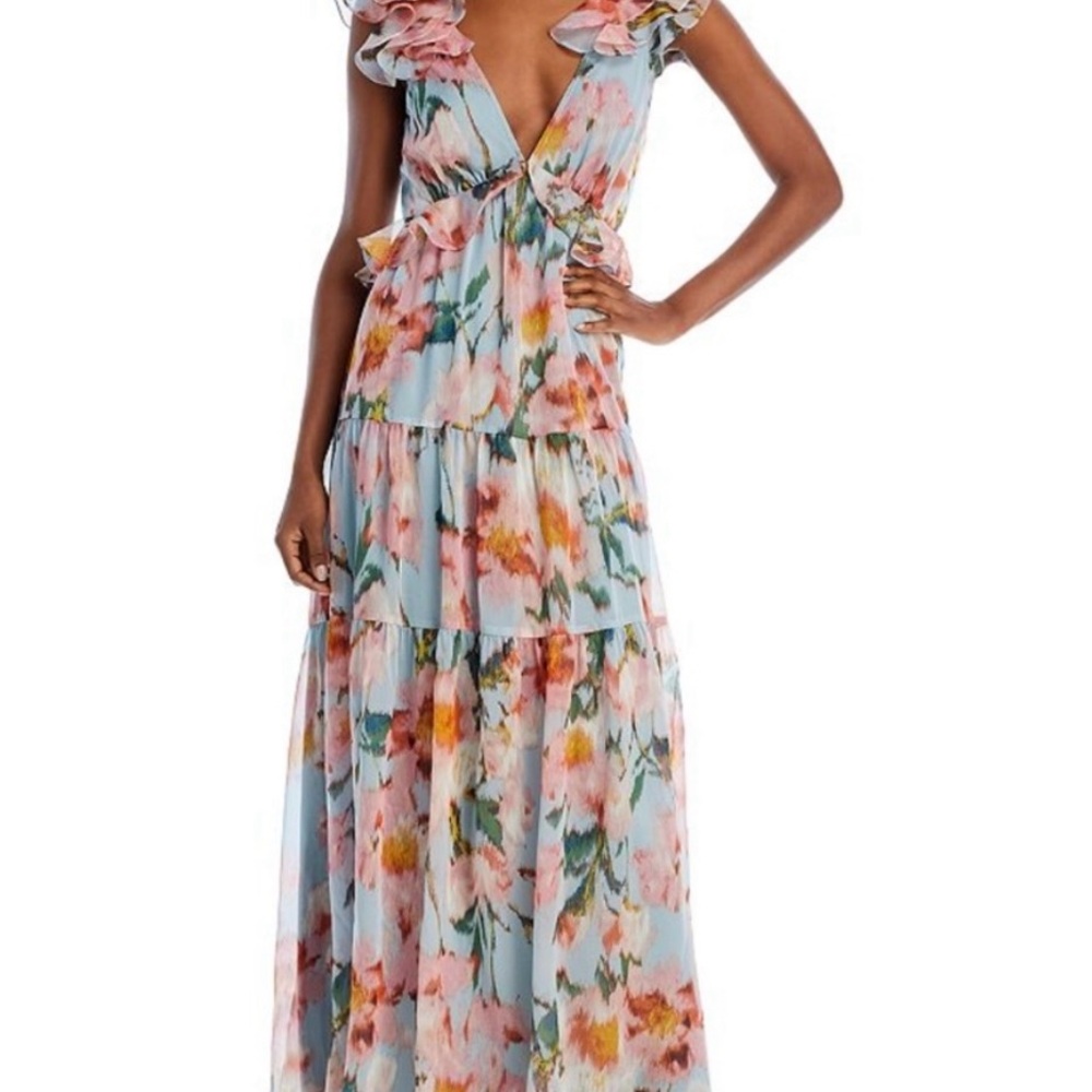 Aqua Floral Printed Ruffle Dresss
